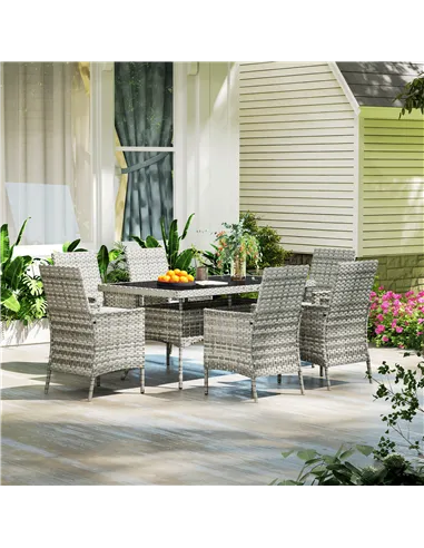 Outsunny Seven-Piece Rattan Dining Set - Mixed-Grey