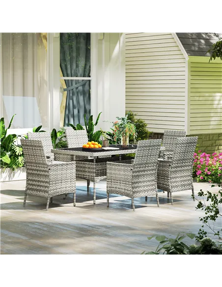 Outsunny Seven-Piece Rattan Dining Set - Mixed-Grey