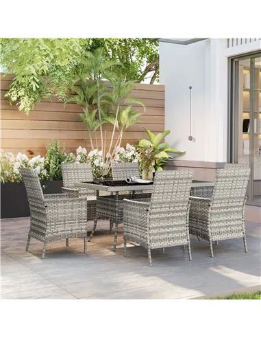 Outsunny Seven-Piece Rattan Dining Set - Mixed-Grey