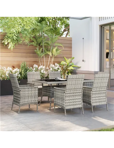 Outsunny Seven-Piece Rattan Dining Set - Mixed-Grey