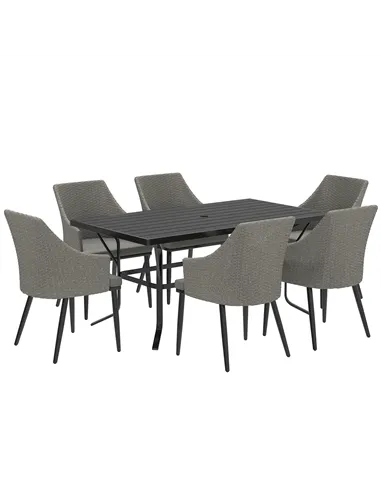 Outsunny 6 Seater Rattan Dining Set with Cushions, Garden Furniture Set with Armchairs, Rectangle Slatted Table Top, Steel Frame