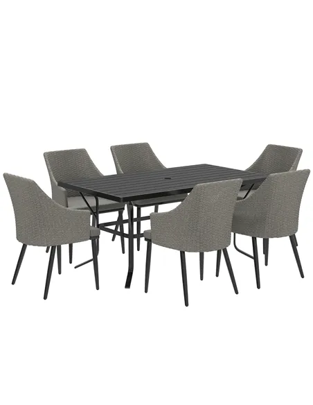 Outsunny 6 Seater Rattan Dining Set with Cushions, Garden Furniture Set with Armchairs, Rectangle Slatted Table Top, Steel Frame