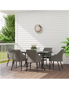 Outsunny 6 Seater Rattan Dining Set with Cushions, Garden Furniture Set with Armchairs, Rectangle Slatted Table Top, Steel Frame 2