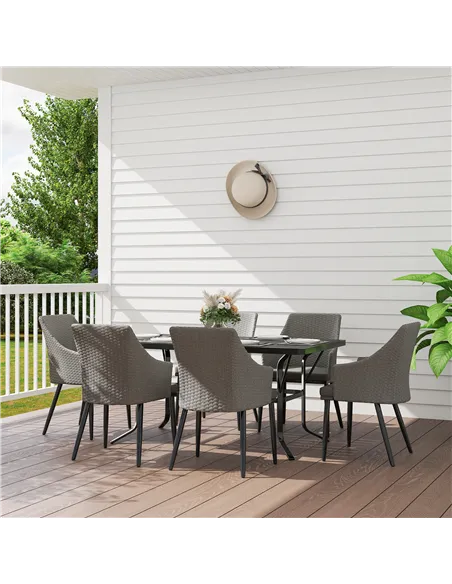 Outsunny 6 Seater Rattan Dining Set with Cushions, Garden Furniture Set with Armchairs, Rectangle Slatted Table Top, Steel Frame