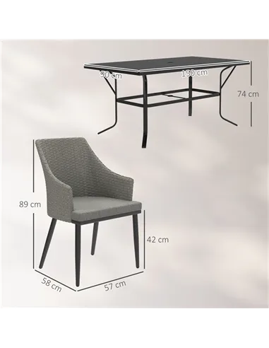 Outsunny 6 Seater Rattan Dining Set with Cushions, Garden Furniture Set with Armchairs, Rectangle Slatted Table Top, Steel Frame