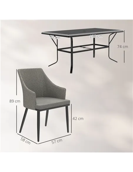 Outsunny 6 Seater Rattan Dining Set with Cushions, Garden Furniture Set with Armchairs, Rectangle Slatted Table Top, Steel Frame