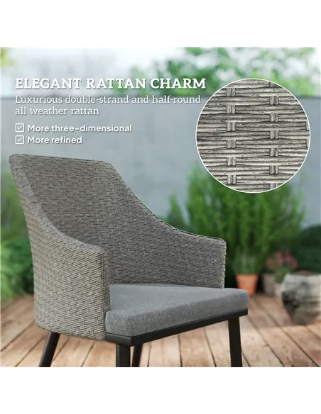 Outsunny 6 Seater Rattan Dining Set with Cushions, Garden Furniture Set with Armchairs, Rectangle Slatted Table Top, Steel Frame