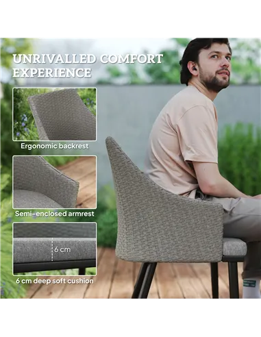 Outsunny 6 Seater Rattan Dining Set with Cushions, Garden Furniture Set with Armchairs, Rectangle Slatted Table Top, Steel Frame