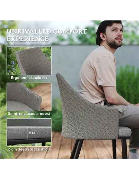 Outsunny 6 Seater Rattan Dining Set with Cushions, Garden Furniture Set with Armchairs, Rectangle Slatted Table Top, Steel Frame