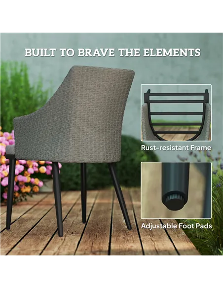 Outsunny 6 Seater Rattan Dining Set with Cushions, Garden Furniture Set with Armchairs, Rectangle Slatted Table Top, Steel Frame