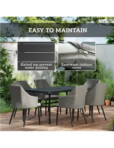 Outsunny 6 Seater Rattan Dining Set with Cushions, Garden Furniture Set with Armchairs, Rectangle Slatted Table Top, Steel Frame