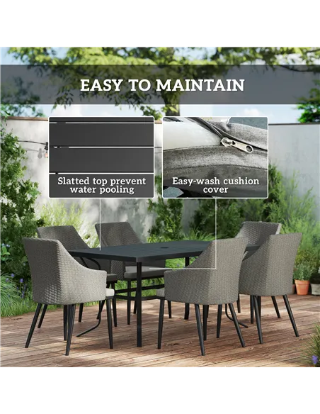 Outsunny 6 Seater Rattan Dining Set with Cushions, Garden Furniture Set with Armchairs, Rectangle Slatted Table Top, Steel Frame