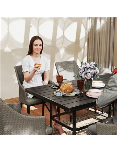 Outsunny 6 Seater Rattan Dining Set with Cushions, Garden Furniture Set with Armchairs, Rectangle Slatted Table Top, Steel Frame