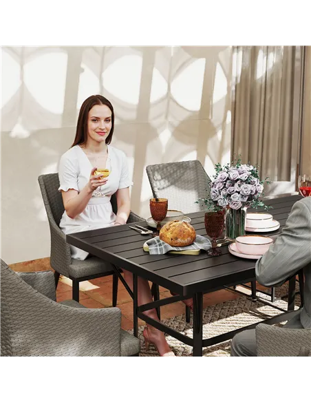 Outsunny 6 Seater Rattan Dining Set with Cushions, Garden Furniture Set with Armchairs, Rectangle Slatted Table Top, Steel Frame