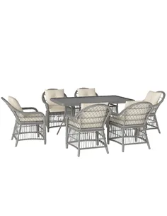 Outsunny Rattan Dining Set with Seat and Back Cushions, 6 Seater Garden Furniture Set with Aluminium Frame, 6 Chairs, WPC Top Re