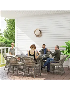 Outsunny Rattan Dining Set with Seat and Back Cushions, 6 Seater Garden Furniture Set with Aluminium Frame, 6 Chairs, WPC Top Re 2