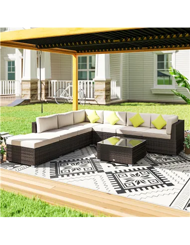 Outsunny 8 Piece Rattan Corner Sofa Set with Wide & Deep Seat, Assembled Aluminium PE Rattan Garden Furniture Set with Thick Cus