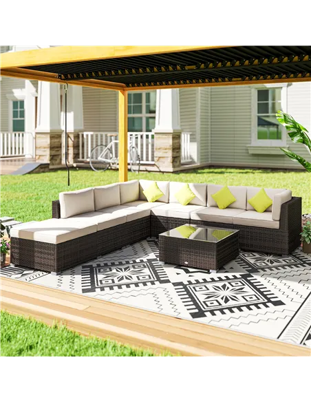 Outsunny 8 Piece Rattan Corner Sofa Set with Wide & Deep Seat, Assembled Aluminium PE Rattan Garden Furniture Set with Thick Cus