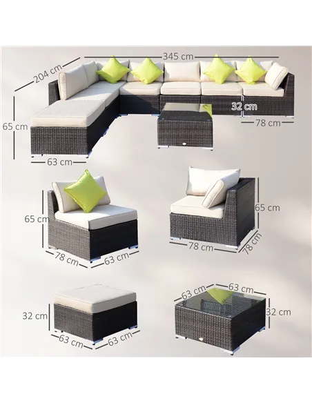 Outsunny 8 Piece Rattan Corner Sofa Set with Wide & Deep Seat, Assembled Aluminium PE Rattan Garden Furniture Set with Thick Cus