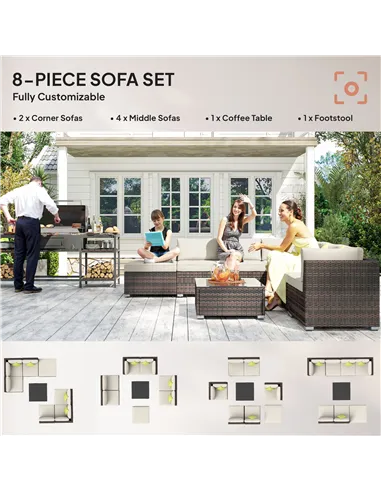 Outsunny 8 Piece Rattan Corner Sofa Set with Wide & Deep Seat, Assembled Aluminium PE Rattan Garden Furniture Set with Thick Cus