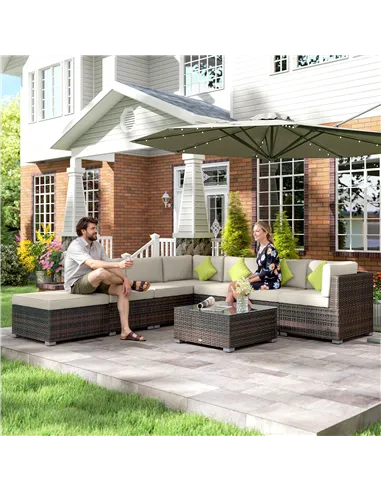 Outsunny 8 Piece Rattan Corner Sofa Set with Wide & Deep Seat, Assembled Aluminium PE Rattan Garden Furniture Set with Thick Cus