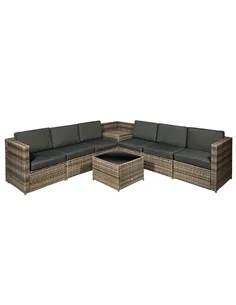 Outsunny 8 Pieces Outdoor PE Rattan Sofa Set with Cushions, Patio Garden Furniture Sets with Glass Top Coffee Table, Storage Cor