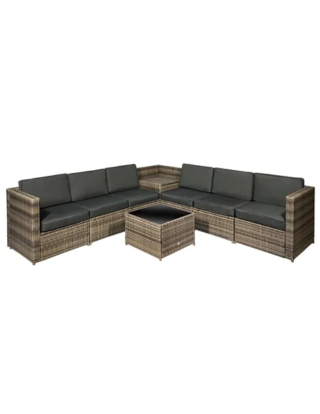 Outsunny 8 Pieces Outdoor PE Rattan Sofa Set with Cushions, Patio Garden Furniture Sets with Glass Top Coffee Table, Storage Cor