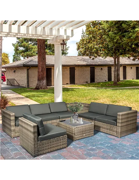 Outsunny 8 Pieces Outdoor PE Rattan Sofa Set with Cushions, Patio Garden Furniture Sets with Glass Top Coffee Table, Storage Cor