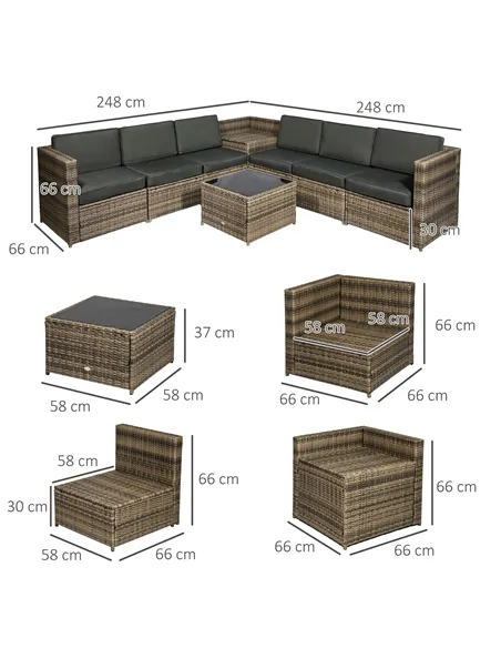 Outsunny 8 Pieces Outdoor PE Rattan Sofa Set with Cushions, Patio Garden Furniture Sets with Glass Top Coffee Table, Storage Cor