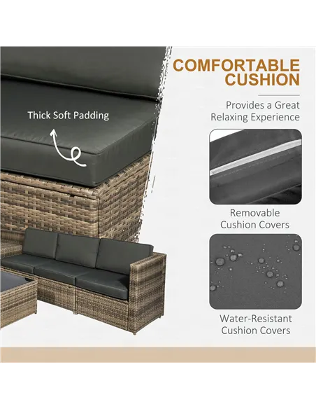 Outsunny 8 Pieces Outdoor PE Rattan Sofa Set with Cushions, Patio Garden Furniture Sets with Glass Top Coffee Table, Storage Cor