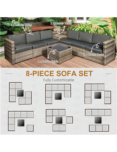 Outsunny 8 Pieces Outdoor PE Rattan Sofa Set with Cushions, Patio Garden Furniture Sets with Glass Top Coffee Table, Storage Cor