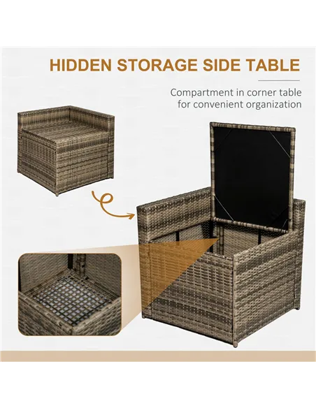 Outsunny 8 Pieces Outdoor PE Rattan Sofa Set with Cushions, Patio Garden Furniture Sets with Glass Top Coffee Table, Storage Cor
