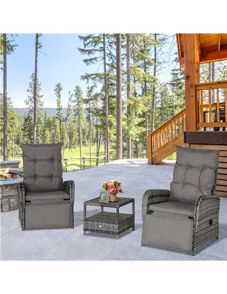 Outsunny 2 Seater Patio Wicker Chaise Lounge Sofa Set with Fabric Cushion, Grey