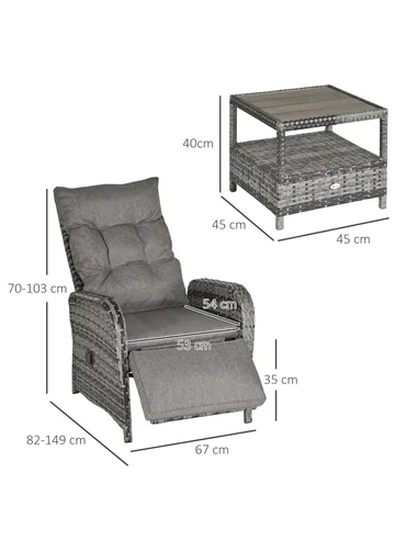 Outsunny 2 Seater Patio Wicker Chaise Lounge Sofa Set with Fabric Cushion, Grey