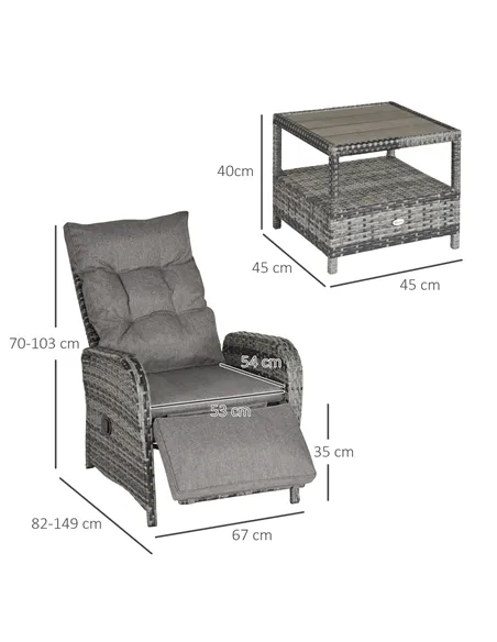 Outsunny 2 Seater Patio Wicker Chaise Lounge Sofa Set with Fabric Cushion, Grey