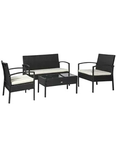 Outsunny 4 Pieces Rattan Garden Furniture Set, 4 Seater Garden Sofa Set with Loveseat, Armchairs and Glass Top Table, Wicker Con