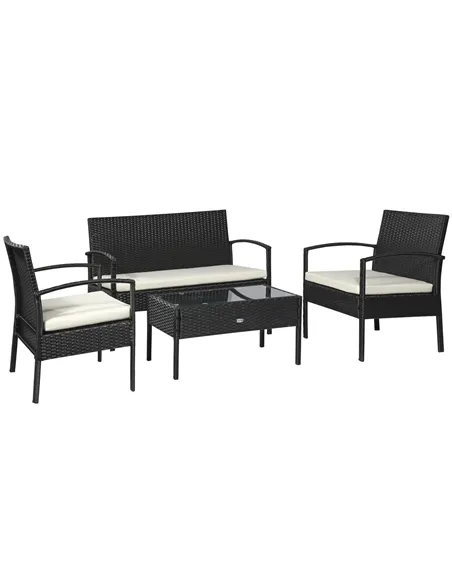 Outsunny 4 Pieces Rattan Garden Furniture Set, 4 Seater Garden Sofa Set with Loveseat, Armchairs and Glass Top Table, Wicker Con