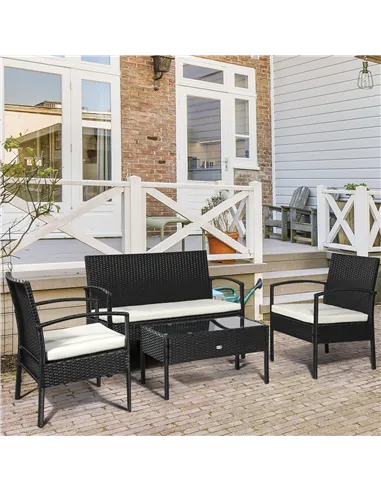 Outsunny 4 Pieces Rattan Garden Furniture Set, 4 Seater Garden Sofa Set with Loveseat, Armchairs and Glass Top Table, Wicker Con