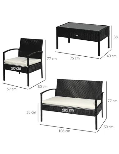 Outsunny 4 Pieces Rattan Garden Furniture Set, 4 Seater Garden Sofa Set with Loveseat, Armchairs and Glass Top Table, Wicker Con