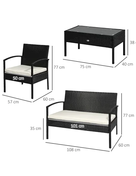 Outsunny 4 Pieces Rattan Garden Furniture Set, 4 Seater Garden Sofa Set with Loveseat, Armchairs and Glass Top Table, Wicker Con