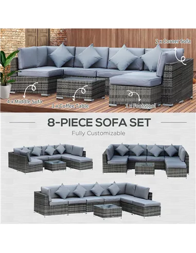 Outsunny 8 Piece Rattan Corner Sofa Set with Wide & Deep Seat, Assembled Aluminium PE Rattan Garden Furniture Set with Thick Cus