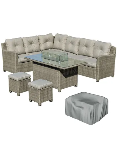 Outsunny 8-Seater Outdoor PE Rattan Sofa Set Conversation Set w/ Fire Pit Table, L-Shape Sofa, Footstool and Furniture Cover