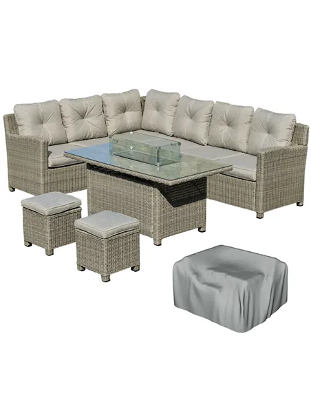 Outsunny 8-Seater Outdoor PE Rattan Sofa Set Conversation Set w/ Fire Pit Table, L-Shape Sofa, Footstool and Furniture Cover