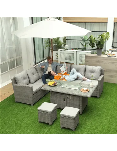 Outsunny 8-Seater Outdoor PE Rattan Sofa Set Conversation Set w/ Fire Pit Table, L-Shape Sofa, Footstool and Furniture Cover