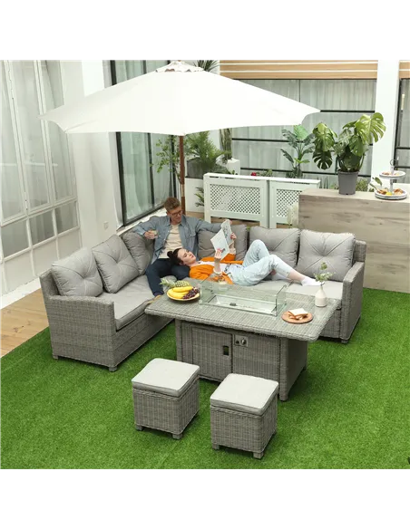 Outsunny 8-Seater Outdoor PE Rattan Sofa Set Conversation Set w/ Fire Pit Table, L-Shape Sofa, Footstool and Furniture Cover