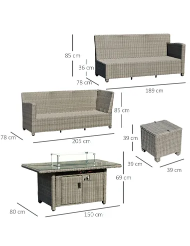 Outsunny 8-Seater Outdoor PE Rattan Sofa Set Conversation Set w/ Fire Pit Table, L-Shape Sofa, Footstool and Furniture Cover