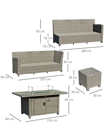 Outsunny 8-Seater Outdoor PE Rattan Sofa Set Conversation Set w/ Fire Pit Table, L-Shape Sofa, Footstool and Furniture Cover