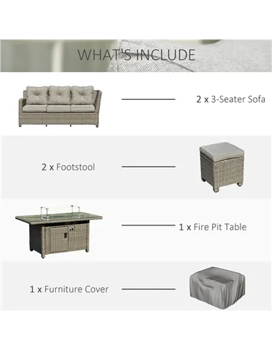 Outsunny 8-Seater Outdoor PE Rattan Sofa Set Conversation Set w/ Fire Pit Table, L-Shape Sofa, Footstool and Furniture Cover