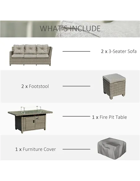 Outsunny 8-Seater Outdoor PE Rattan Sofa Set Conversation Set w/ Fire Pit Table, L-Shape Sofa, Footstool and Furniture Cover