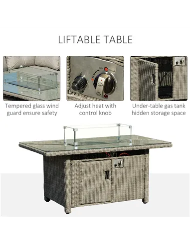 Outsunny 8-Seater Outdoor PE Rattan Sofa Set Conversation Set w/ Fire Pit Table, L-Shape Sofa, Footstool and Furniture Cover